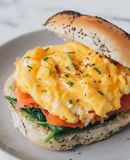 Smoked Salmon Scrambled Egg Bagel Sandwich