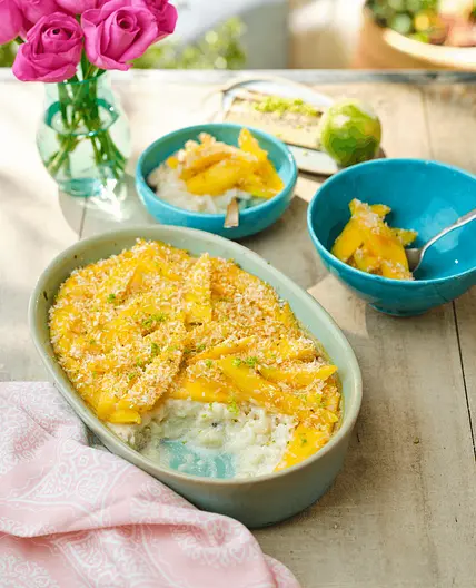 Mango, lime and coconut rice pudding