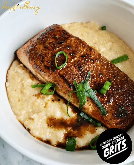 Blackened Salmon & Quick Cheddar Grits