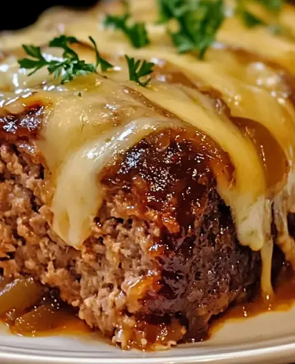 Crockpot French Onion Meatloaf with Melted Swiss Cheese