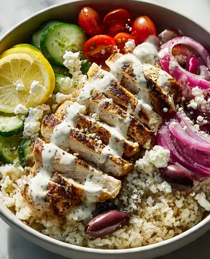 Greek Chicken Bowls with Tahini Feta Sauce