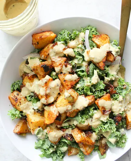 Spicy Potato Kale Bowls with Mustard Tahini Dressing