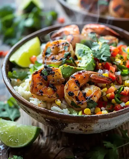 Grilled Shrimp Bowl with Avocado Corn Salsa