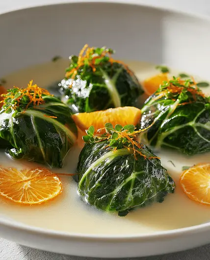 Vegetarische Capuns, in Suppe angerichtet, mit Orangenabrieb