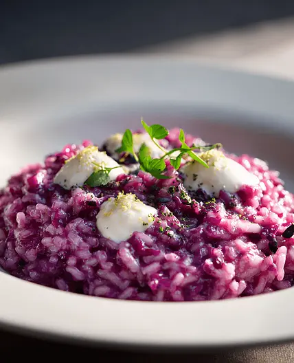 Risotto mit Rotkabis, Orange und Mascarpone-Safran-Creme