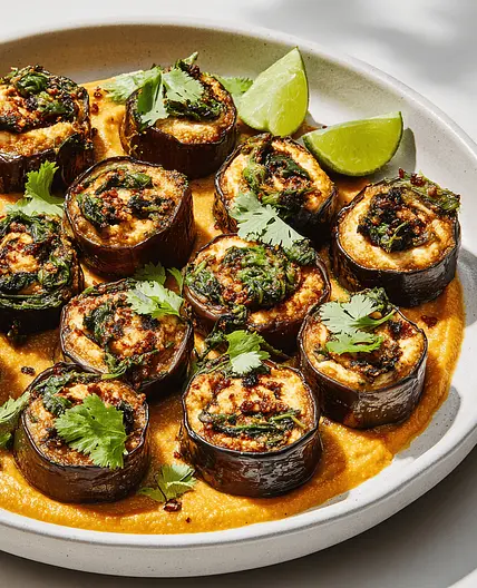 Gefüllte Auberginenrollen mit Curry-Kokos-Dal