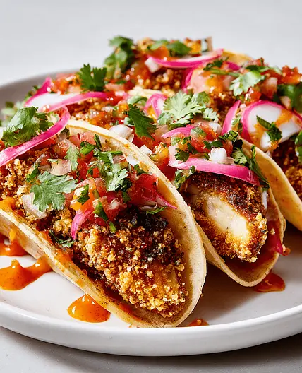 Tacos mit panierten Pilzen oder Tofuschnitzeln und Hot-Sauce