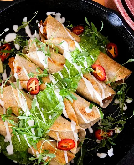 Chef Bai’s Vegan Sweet Potato Flautas with Avocado Salsa Verde