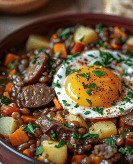 Guiso de lentejas con huevo frito