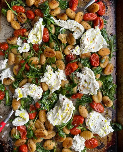 Sheet Pan Gnocchi with Roasted Tomatoes, Arugula and Burrata