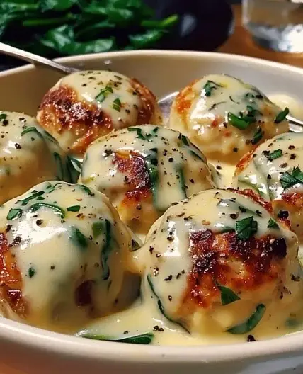 Chicken Ricotta Meatballs with Spinach Alfredo Sauce