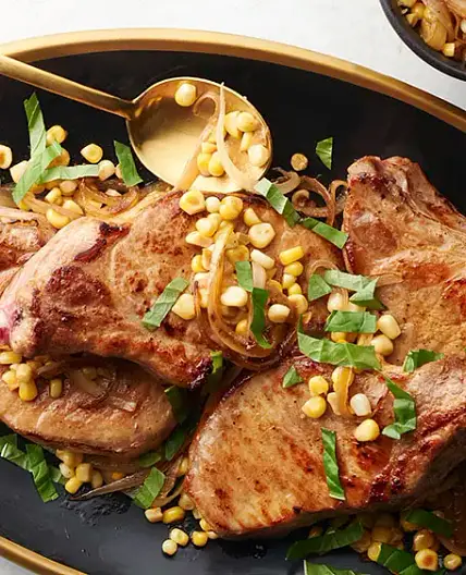 Whiskey Butter Pork Chops with Corn