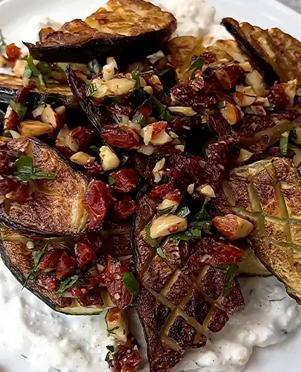Crisp Roasted Zucchini with Creamy Feta & Sun-dried Tomato & Almond Crumble