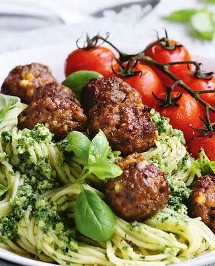 Beef & Fetta Meatballs with Kale Pesto Pasta