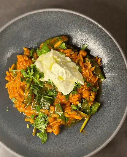 One Pan Harissa Orzo with Chickpeas and Yogurt