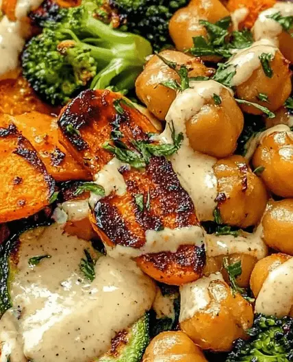 Roasted Veggie Chickpea Bowls with Maple Dijon Tahini Dressing