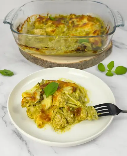 Keto Pesto Chicken Casserole with Zoodles and Cottage Cheese
