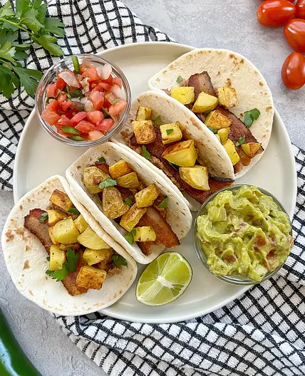 Breakfast Tacos without Eggs (Crispy Potatoes, Bacon, and Beans)