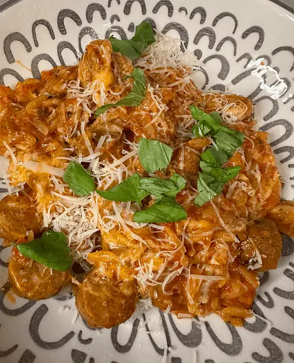 One Pot Chicken Sausage Baked Orzo