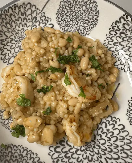 One Pan Couscous with Shrimp and White Beans