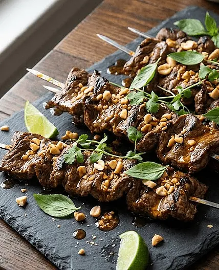 Grilled Beef Skewers with Peanut-Chile Oil
