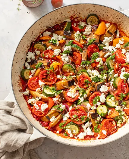 Baked Ratatouille with Goat Cheese and Pesto