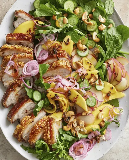 Crispy crackling pork belly salad