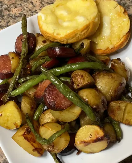 Sheet Pan Smoked Sausages, Green Beans and Potatoes