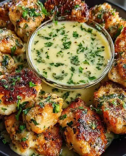 Garlic Butter Parmesan Chicken Bites with Creamy Herb Sauce