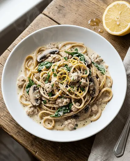 High Protein Creamy Lemon Garlic Turkey Linguine