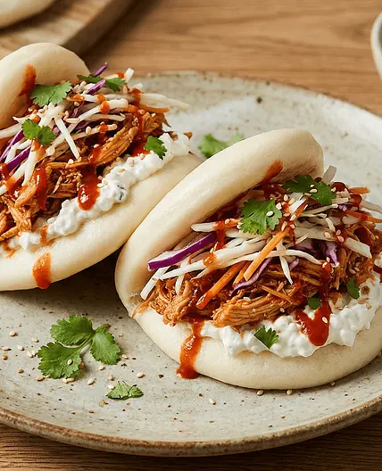 Low Calorie Spicy Pulled Chicken Bao Buns