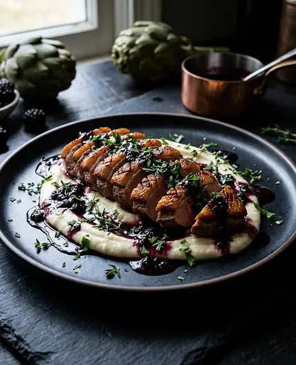 NAD+ Preserving Seared Duck with Luteolin Artichoke Puree