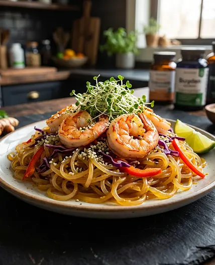 Mitochondrial-Boost Kelp Noodle Pad Thai with Astaxanthin Prawns