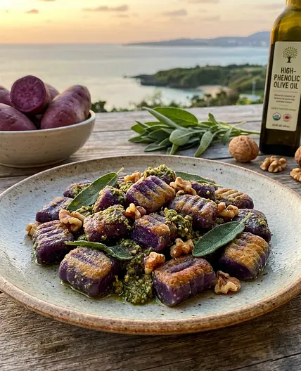 Violet Vitality Gnocchi with Sage-Walnut Pesto