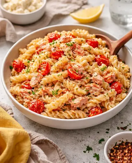 Garlic Baked Feta Salmon Pasta