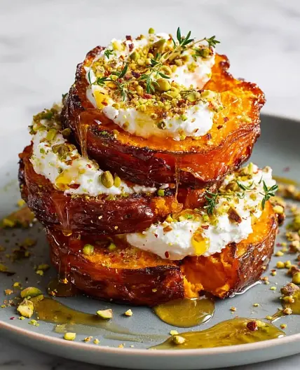 Crispy Smashed Sweet Potatoes with Whipped Feta &amp; Hot Honey