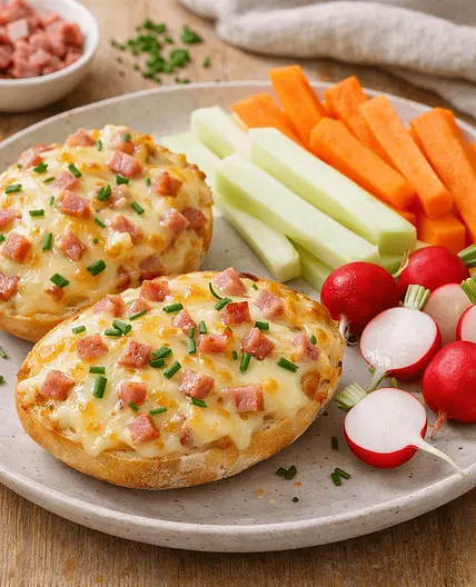 Überbackenes Käsebrötchen mit Schinkenwürfeln · Karottensticks · Kohlrabi · Radieschen