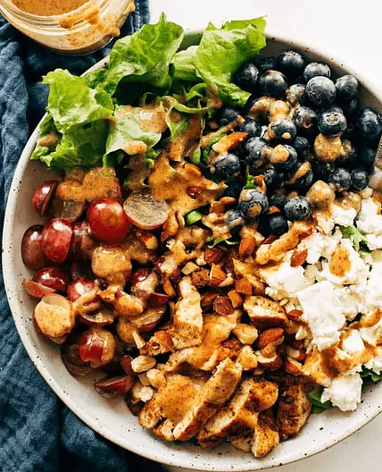 Rainbow Chicken Salad with Almond Honey Mustard Dressing