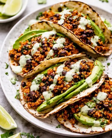 Black Bean Quinoa Tacos with Cilantro Lime Cashew Crema