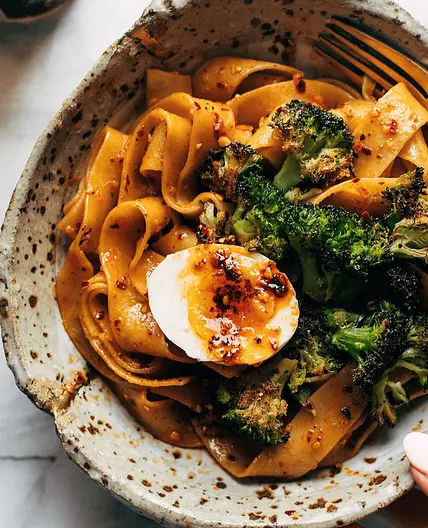 Chili Garlic Pappardelle with Smashed Broccoli and Soft Eggs
