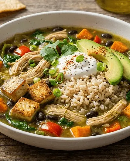 Salsa Verde Chicken and Rice Tortilla Soup