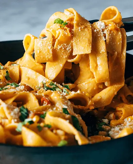 Burst Tomato Pappardelle with Zucchini, Sweet Corn, and Pan-Fried Chicken