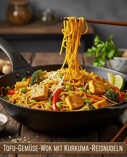 Tofu-Gemüse-Wok mit Kurkuma-Reisnudeln