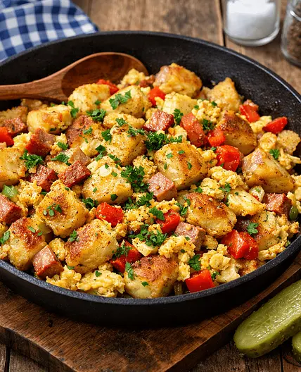 Bauernpfanne mit Kartoffelknödelstückchen