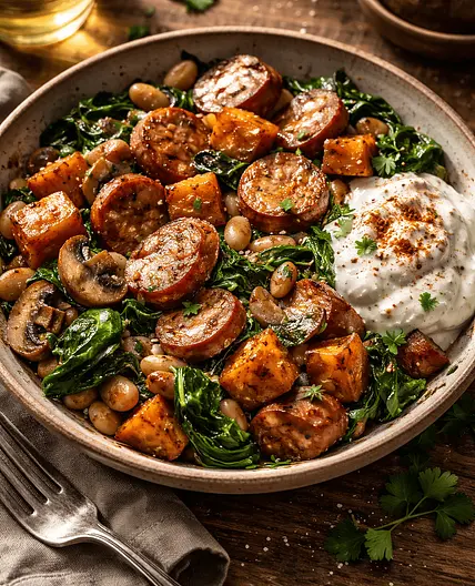 Smoky Sweet Potato, Mushroom & Bean Skillet w/ Turkey sausage and Lemon Yogurt sauce