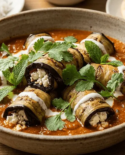 Auberginen-Feta-Röllchen in Tikka Masala