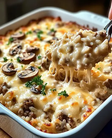 Creamy Beef & Mushroom Rice Bake for Cozy Comfort Nights