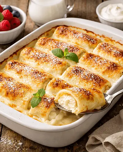Überbackene Pfannkuchen mit Quarkfüllung