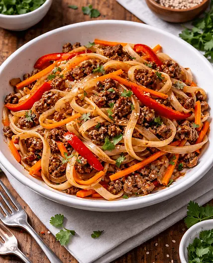 Nouilles de riz bœuf poivron carotte x3 🍜• 📊 875 Kcal | 55P 95G 30L 6F