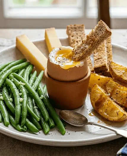 Patate au four et son œuf à la coque parsemé par des haricots verts